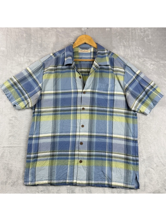Tommy Bahama Other - Tommy Bahama Men Large 100% Silk Plaid Short Sleeve Camp Shirt Blue Green Resort
